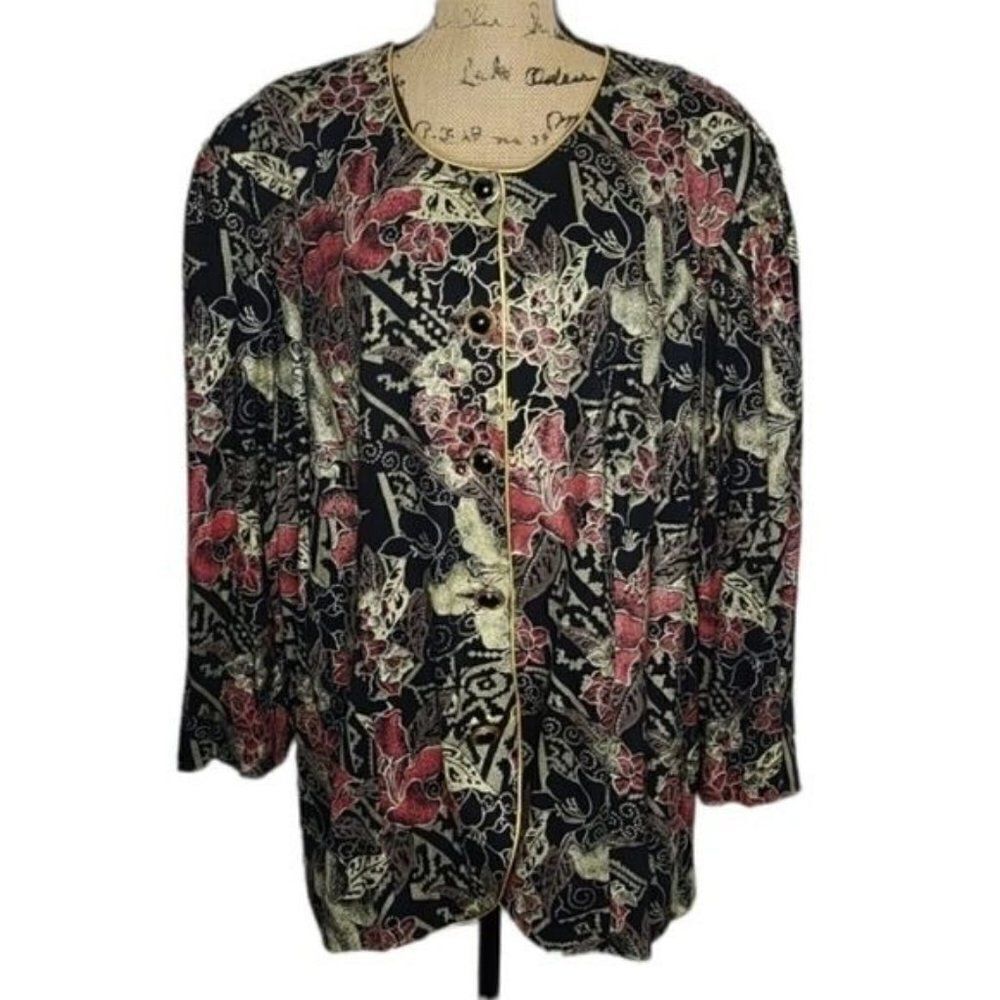 Vintage 80s Black Gold Metallic Floral Jacket